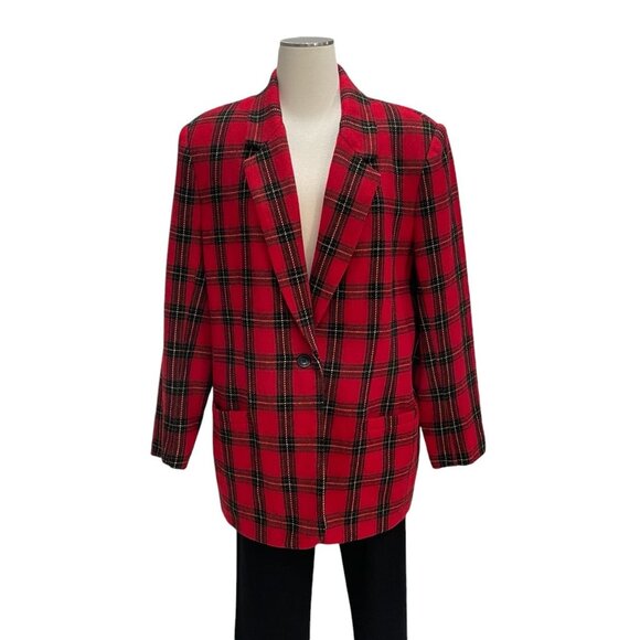 Red Plaid Wool Blend Blazer 16 Oversize Holiday Tartan Retro Preppy Taylor Swift - Picture 9 of 9